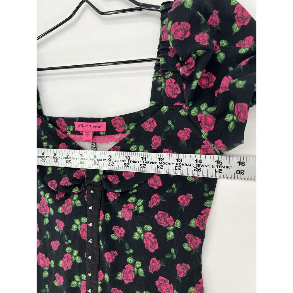 Betsy Johnson Rose Print Bodycon Dress Small Black Pink Floral Puff Sleeve Midi - Picture 9 of 13